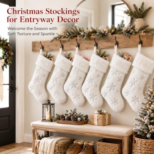 CARAKNOTS White Christmas Stockings 6 Pack, Large Faux Fur Silver Snowflake - Image 3