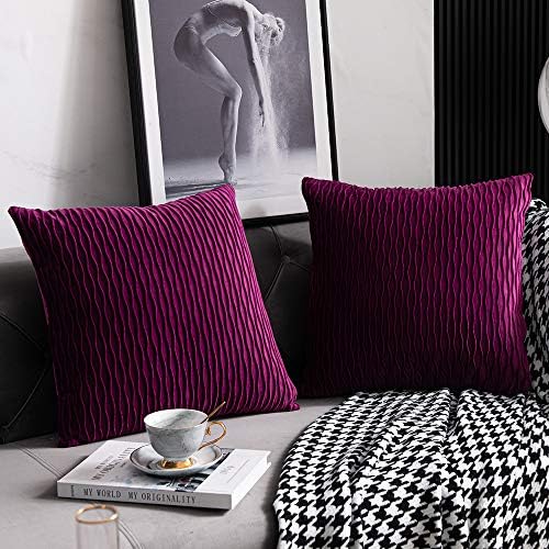 DEZENE 24x24 Purple Throw Pillow Cases: Pack of 2 Vertical Ripple Striped Velvet Square Decorative Pillow Covers for Farmhouse Couch Sofa Bed Living Room Home Decor - Image 2