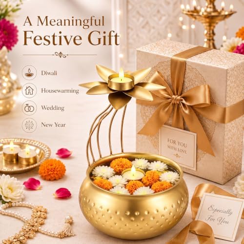 LemonRoad Diwali Urli Bowl with Lotus Tealight Candle Holder 10 Inch - Image 6