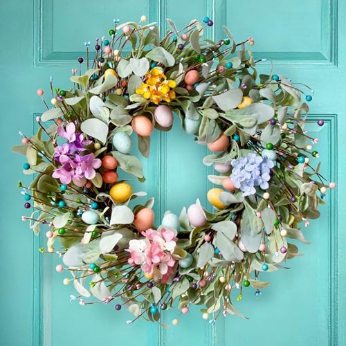 20 Inch Spring Easter Wreath for Front Door with Easter Egg & Lambs Ear by Montekin