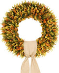 Vlorart Large Fall Wreaths for Front Door, Fall Wreath 24 Inch, Handmade Boxwood Wreath with Cream Linen Sash, Waterproof UV-Resistant Outdoor Autumn Decor for Farmhouse Porch, Window and Thanksgiving by Vlorart