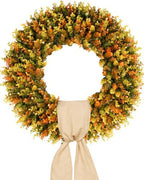 Vlorart Large Fall Wreaths for Front Door, Fall Wreath 24 Inch, Handmade Boxwood Wreath with Cream Linen Sash, Waterproof UV-Resistant Outdoor Autumn Decor for Farmhouse Porch, Window and Thanksgiving by Vlorart