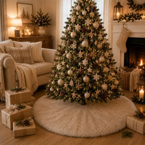 60 Inch Plush Christmas Tree Skirt Brown, Fluffy Faux Fur Tree Skirt for Christmas Holiday Party Decorations - Image 5
