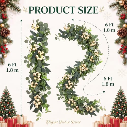 Riceshoot 6FT Christmas Garland for Mantel Fireplace, Artificial Eucalyptus Berry Garland, Rustic Farmhouse Boho Style Mantle Decor, Realistic Holiday Greenery for Xmas Party Wedding Indoor Outdoor - Image 2
