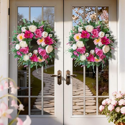24 Inch Spring Summer Wreaths for Front Door Outside with Peony & Rose - Image 2