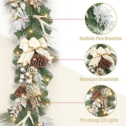 Garvee 6 Feet Christmas Garland with Lights for Mantle, Battery Operated Outdoor Christmas Garlands with Antlers Gold Balls, Prelit Garland Decorations for Fireplace Stair Railing TV Stand - Image 4