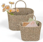 iEGrow Set of 2 Hanging Basket, Wicker Wall Basket Natural Seagrass, Hanging Baskets for Organizing and Decor, Storage Baskets for Door Mounted Entryway Flower Mail Plant Garden by iEGrow