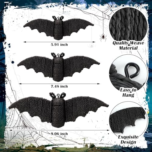 Beeveer 3 Pcs Woven Rattan Bat Wall Hanging Halloween Decor, 3D Scary Handcrafted Black Rope Bats, Rustic Natural Farmhouse Halloween Creepy Decorations for Home Fireplace Door, 9.06/7.48/5.91 Inch - Image 3
