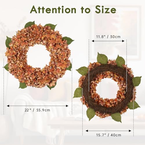 Fall Wreaths for Front Door 22 inch Autumn Wreath with Hydrangeas - Image 2