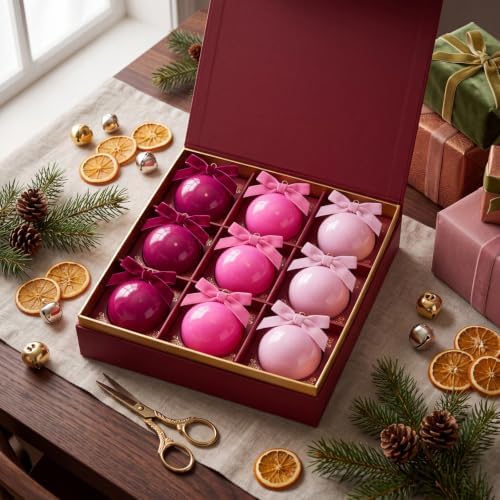 Hollowfly 9 Pcs 4 Inch Pink Glass Christmas Ornaments with Velvet Bow - Image 4