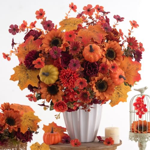Mixed 12 Pcs Fall Artificial Flowers, Sunflower Peony Bouquet with Maple Leaves Pumpkins, Autumn Faux Floral Arrangements for Table,Thanksgiving, Halloween, Porch Planters, Garden Patio Outdoors Decor - Image 6