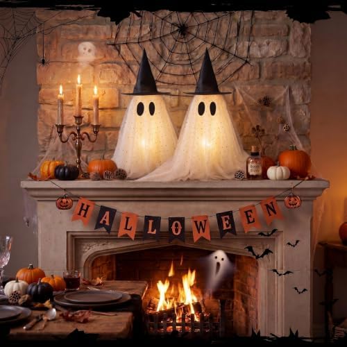 SiliFine 2 Pack Halloween Light up Ghost Decorations with Witch Hats, White - Image 4