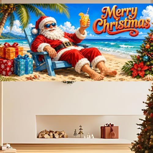 7x16FT Christmas Summer Garage Door Cover Decorations Christmas Santa Claus Beach Vacation Garage Door Banner for Outdoor Indoor Christmas Decorations Party Photography Backdrop - Image 7