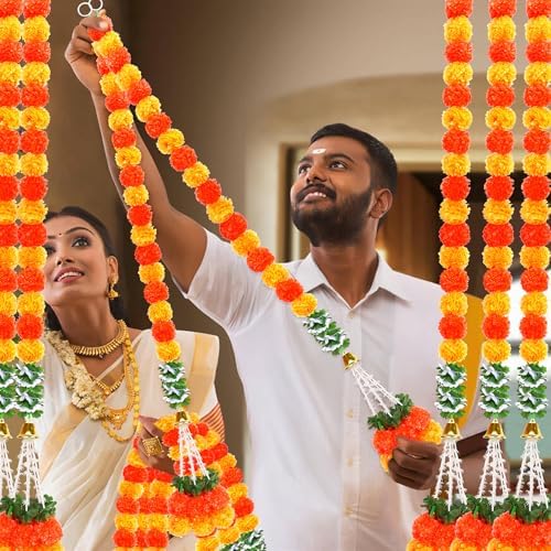 8PCS Diwali Artificial Marigold Garland for Home Decor, Marigold Long Strands with Bells and Leaves for India Wedding, Pooja Decor, Marigold Flowers Strings for All Year Decoration - Image 7