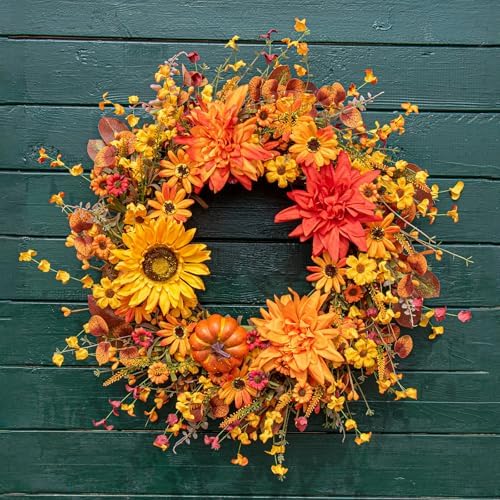 JINGHONG Artificial Fall Wreath 22 Inch Fall Wreaths for Front Door Autumn Flower Wreath with Sunflower Daisy Dahlia Pumpkin for Indoor Outdoor Window Wall Porch Harvest and Thanksgiving Celebration - Image 4