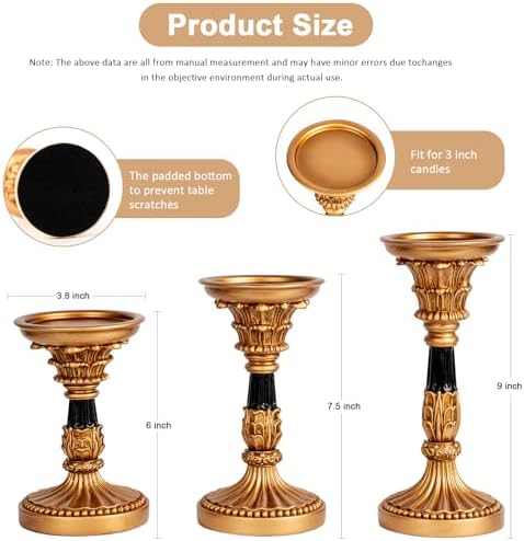 Vintage Candle Holders Set of 3 – Hand-Painted Resin Pillar Candle Stands – Antique Gold Decorative Candle Holder Set for Table Centerpiece, Mantel, Wedding, and Home Decor - Image 3