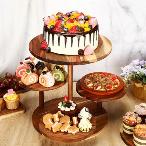 Hushee 4 Pcs Wood Round Cupcake Tower Stand with Serving Platters Trays Set, 4 Tier Wooden Cake Stand Tray with 1 Round Dinner Plate 2 Rectangular Plates for Dessert Snack Party(Brown) - Image 4
