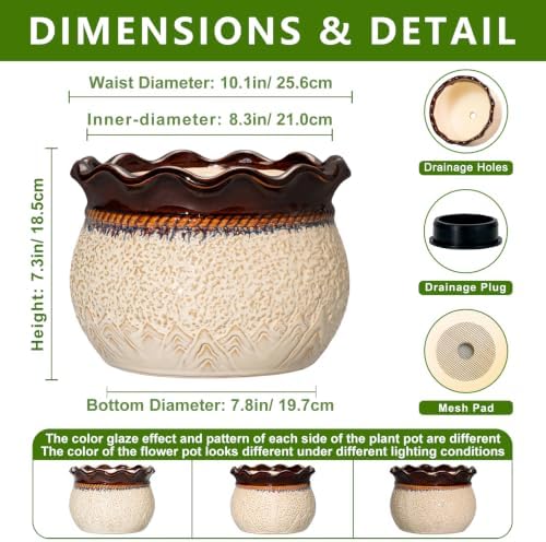 Ceramic Flower Pots, 10 Inch Ceramic Planter, Beige-Brown - Image 2