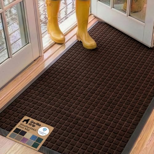 GORILLA GRIP WeatherMAX Door Mat, Indoor Outdoor, 60x24, Dark Brown Squares by GorillaGrip