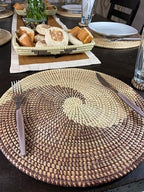 Senegal Placemats/African Bohemian Woven Seagrass Placemats/Natural Wicker Round Basket Placemats/Decorative Hanging Wicker Plates/Hanging Wall Decor (Brown & White) - Image 5