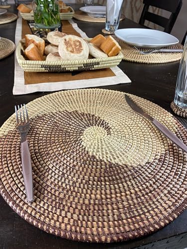 Senegal Placemats/African Bohemian Woven Seagrass Placemats/Natural Wicker Round Basket Placemats/Decorative Hanging Wicker Plates/Hanging Wall Decor (Brown & White) - Image 5
