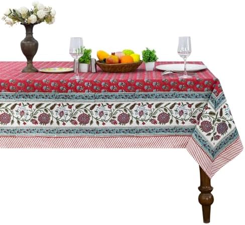 72x160 Inches Rectangle Hand Block Print Tablecloth, 100% Cotton, Cherry Red Green Floral Table Cloths Washable, Traditional Indian For Dining Outdoor Thanksgiving Halloween Christmas by HomeSpunCrafts