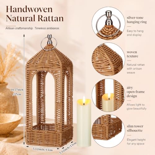 14.5 Inch Natural Rattan Decorative Lantern with LED Flameless Candle - Image 3