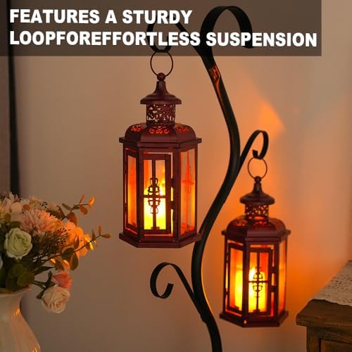 JHY DESIGN Set of 2 Decorative Candle Lanterns 10“H Vintage Hanging Lanterns Metal Candleholders for Indoor Outdoor Events Parities Gothic and Halloween (Red with Black Brush) - Image 4