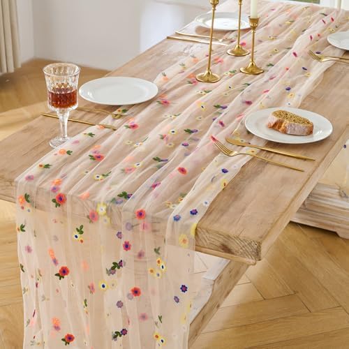 BINBE 12pcs Daisy Spring Table Runner Embroidery Gauze 10FT Florals Seasonal Tulle Holiday Birthday Kitchen Dining Table Decor for Home Party Champagne - Image 2