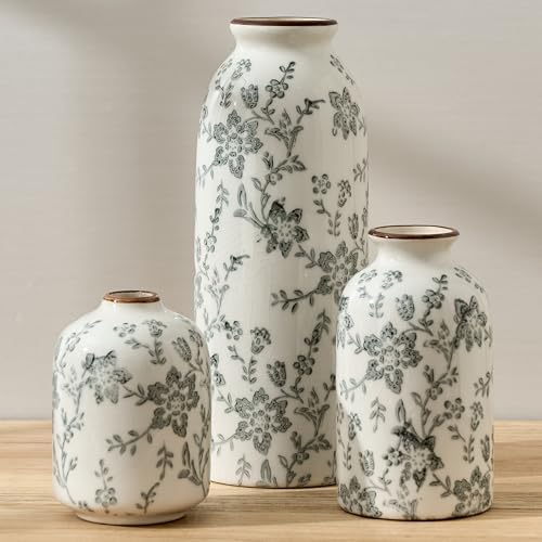 Ceramic Flower Decorative Antique Vase Set of 3, Vintage Rustic Chinoiserie Floral Vase for Home Decor, Living Room, Bookshelf, Office, Entryway, Garden, Chinoiserie Decor, Tuscan Decor- Gray by StylishHomeDecorforYou