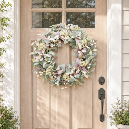 26 Inch Lambs Ear Wreaths for Front Door, Artificial Summer Fall Wreath with Mixed Color Lambs Ear, Berries & Wheat, Year Round Door Wreath for Farmhouse Wedding Home Porch Indoor Outdoor Decor - Image 3