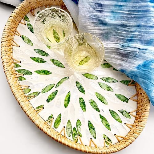 i-lan Set of 3 Green Mother of Pearl Inlay Rattan Trays - Oval Handwoven Decorative Nesting Trays for Coffee Table & Ottoman - 13/12/11 Inch Emerald Green Woven Platters for Boho Home Decor & Wall Art - Image 5