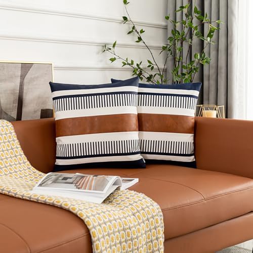 Set of 2 Navy Blue and White Boho Throw Pillow Cover, Faux Leather Modern Couch Pillow Covers 22x22 inch Farmhouse Stripe Pillowcase for Sofa Bedroom Living Room - Image 2