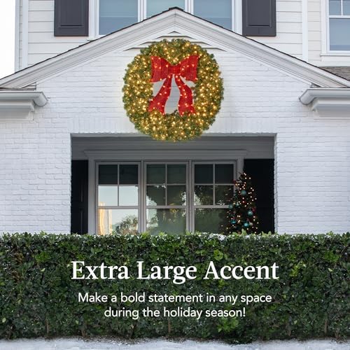 Best Choice Products 60in Large Artificial Pre-Lit Fir Christmas Wreath Holiday Accent Decoration for Door, Mantel w/Red Lighted Bow, 375 LED Lights, 930 PVC Tips, Power Plug-in - Image 2