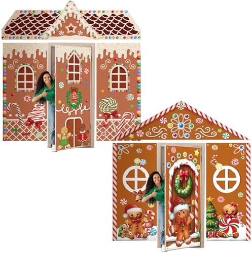 8 Pcs Christmas Gingerbread Door Cover Decoration Xmas Gingerbread House Door Covers Candy Backdrop Christmas Hanging Banner Home Porch Sign for Holiday Classroom Office Party Decor by Mindsoft