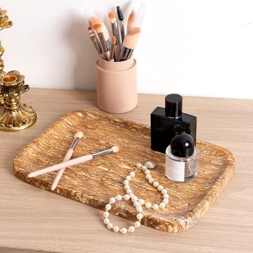 Karibiber Natural Marble Vanity Tray, 11.8" Travertine/Stone Bathroom Tray Countertop, Golden Stone for Perfume Jewelry Holder, Decorative Dresser Organizer, Storage for Kitchen Sink(Walnut Traver) - Image 4