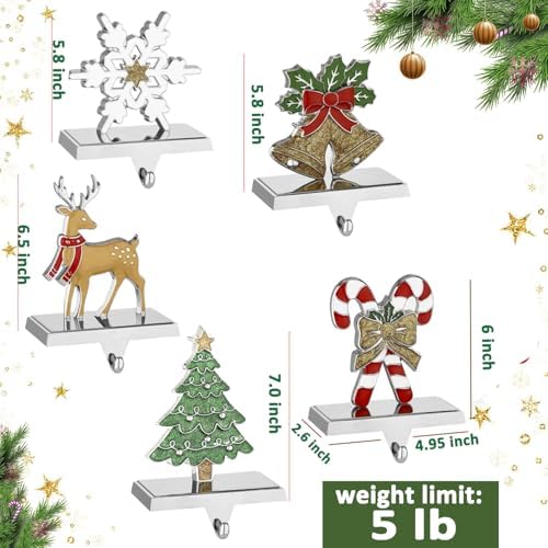 Christmas Stocking Holders for Mantel Set of 5 Reindeer Snowflake Tree Bell Candycane Metal Standing Stocking Hook Silver Sturdy Stockings Hanger for Fireplace Decoration (Set of 5) - Image 2