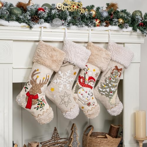 LUBOT 4 Pack Christmas Stockings Set of 4 Large Family Xmas Stocking Embroidered 20" Boho Rustic Country Farmhouse Fireplace Hanging Holiday Decor - Image 2