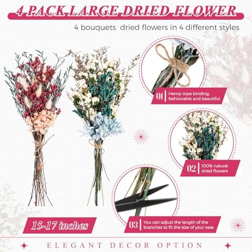 Layhit 4 Pack Large Size Boho Dried Flowers 15-17 Inch, Hydrangea - Image 2