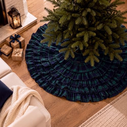 Navy Blue Ruffle Christmas Tree Skirt Tartan Plaid 48 Inch - Image 4