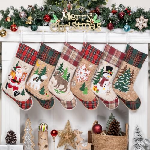 LUBOT 6 Pack Christmas Stockings Set of 6 Large Family Xmas Stocking Embroidered 20" Plush Plaid Matching Rustic Farmhouse Country Fireplace Hanging Holiday Decor - Image 2