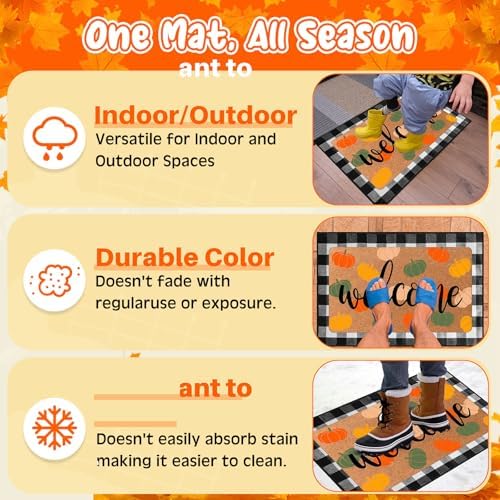 Tinideya 2 Pcs Fall Welcome Doormat 23x35 in Layered Buffalo Plaid Carpet Thanksgiving Non Slip Pumpkin Bathroom Coir Mats Orange Cute for Entrance Porch Indoor Outside Home Gift Supplies Decor - Image 5