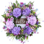 24" Spring Summer Wreaths Front Door with Hello Sign,Purple Hydrangea Wreath with Wildflowers Greenery Leaves,Eucalyptus Wreath for Front Door,Porch,Farmhouse,Wall,Window Outdoor Decor by AmoriseArtificialFLowers