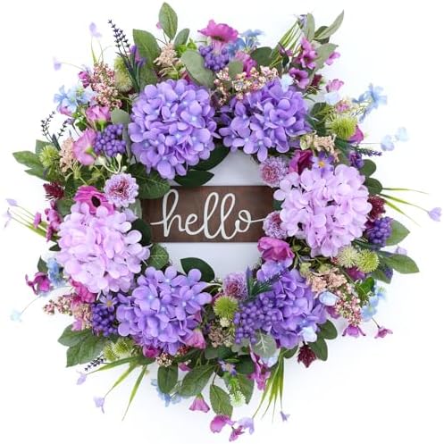 24" Spring Summer Wreaths Front Door with Hello Sign,Purple Hydrangea Wreath with Wildflowers Greenery Leaves,Eucalyptus Wreath for Front Door,Porch,Farmhouse,Wall,Window Outdoor Decor by AmoriseArtificialFLowers