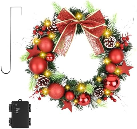 16 Inchs Christmas Wreath, Pre-Lit Artificial Christmas Door Wreath by TXRXIZ