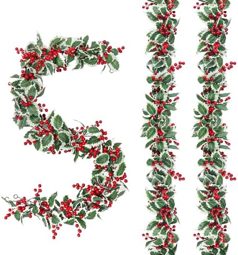 MAKHOT 6Ft Eucalyptus Garland, Green Leaves Wreath Vines Garlands Decorations, Artificial Red Berry Garland for Fireplace Gate Mantle Table Home Party Decor（2PCS by MAKHOT