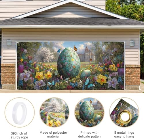 ANNA QUEEN Easter Garage Door Banner 6x13FT, Giant Floral Easter Egg Garden Scene Garage Door Cover, Large Spring Outdoor Decoration Backdrop for Double Garage Doors, Yard, Fence & Easter Party Photos - Image 4