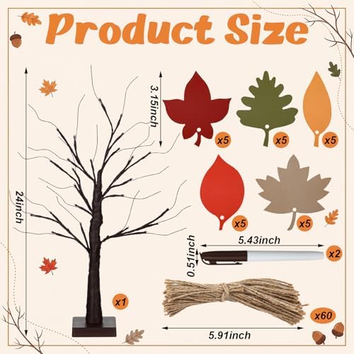 Briwooody 24'' Lighted Thanksgiving Gratitude Tree Kit, Brown Thanful Tree with 60 Leaves, Hemp Ropes & Pens, DIY Fall Decoration for Autumn Table Centerpiece Thanksgiving Gift (Battery Not Included) - Image 2