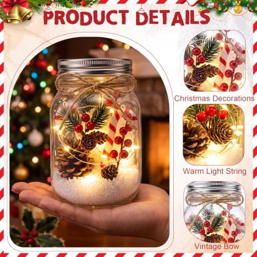 Blushtier 8 Sets Christmas Table Centerpieces Mason Jars Centerpiece Table Toppers Decor with LED Light Candy Canes Pine Cones and Snow Holiday Gifts for Wedding Birthday Party Supplies Home Office - Image 5