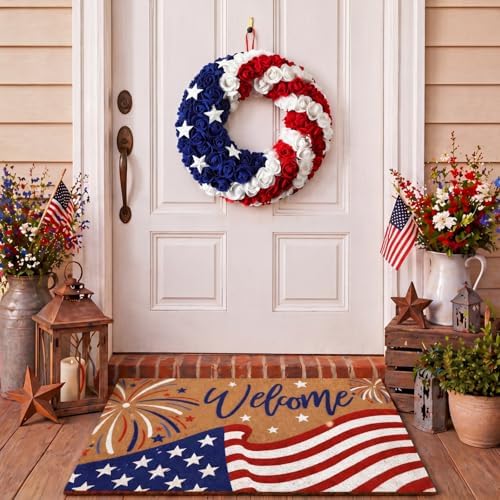 Tingjoo 2 Pcs 4th of July Door Mat and Patriotic Wreath for Front Door by Tingjoo